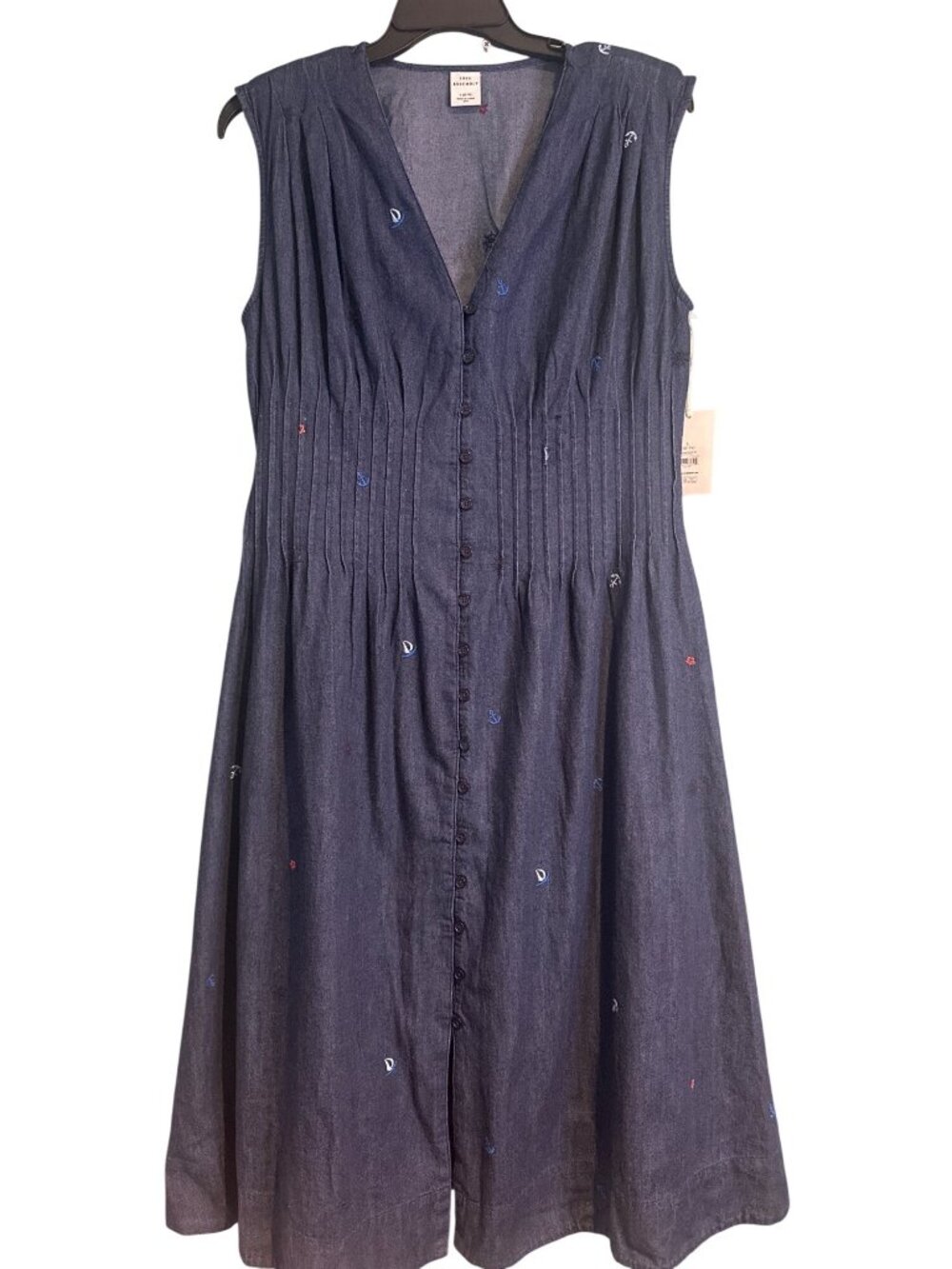 NWT Women's Large Chambray Midi Dress 100% Cotton Sailboat Embroidered Coastal